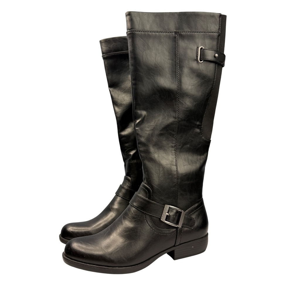 Yuu Jaxie Tall Riding Boots Women 8M Black Faux Leather Buckle Memory Foam